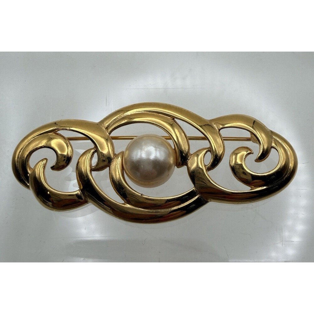Vintage Napier Signed Gold tone Ribbon Swirl Brooch Faux Pearl Modernist Pin